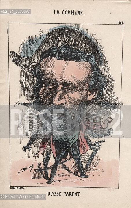 -KLENCK, PAUL. COLLEZIONE DI SESSANTA CARICATURE LA COMMUNE ULYSSE PARENT (29), PARIGI, SENZA INDICAZIONE DI EDITORE E DATA DI PUBBLICAZIONE, STAMPA COLORATA A MANO, CM 18X27,3 ©ARCHIVIO Graziano Arici/Rosebud2  COMUNE DI PARIGI  FOTOANTICHE.-KLENCK, PAUL.  COLLECTION OF SIXTY CARICATURES LA COMMUNE ULYSSE PARENT (29), PARIS, WITHOUT EDITEURS INDICATION AND DATE OF PUBBLICATION, HAND COLORED PRINT, CM 18X27,3 ©Graziano Arici / rosebud2