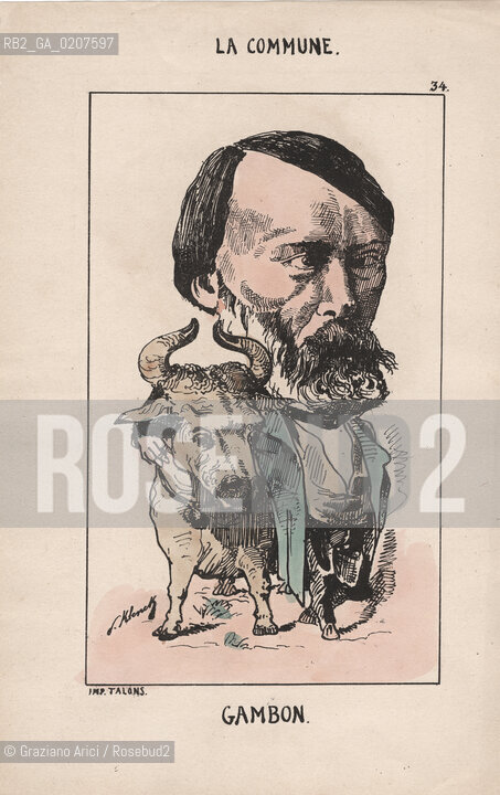 -KLENCK, PAUL. COLLEZIONE DI SESSANTA CARICATURE LA COMMUNE GAMBON (34), PARIGI, SENZA INDICAZIONE DI EDITORE E DATA DI PUBBLICAZIONE, STAMPA COLORATA A MANO,CM 18X27,3 ©ARCHIVIO Graziano Arici/Rosebud2   COMUNE DI PARIGI FOTOANTICHE.-KLENCK, PAUL.  COLLECTION OF SIXTY CARICATURES LA COMMUNE GAMBON (34), PARIS, WITHOUT EDITEURS INDICATION AND DATE OF PUBBLICATION, HAND COLORED PRINT, CM 18X27,3 ©Graziano Arici / rosebud2