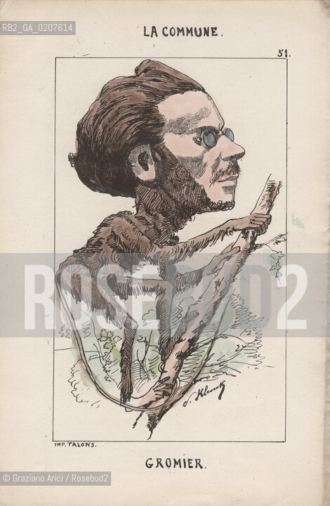 -KLENCK, PAUL. COLLEZIONE DI SESSANTA CARICATURE LA COMMUNE GROMIER (51), PARIGI, SENZA INDICAZIONE DI EDITORE E DATA DI PUBBLICAZIONE, STAMPA COLORATA A MANO, CM 18X27,3 ©ARCHIVIO Graziano Arici/Rosebud2  COMUNE DI PARIGI  FOTOANTICHE.-KLENCK, PAUL.  COLLECTION OF SIXTY CARICATURES LA COMMUNE GROMIER (51), PARIS, WITHOUT EDITEURS INDICATION AND DATE OF PUBBLICATION, HAND COLORED PRINT,  CM 18X27,3 ©Graziano Arici / rosebud2