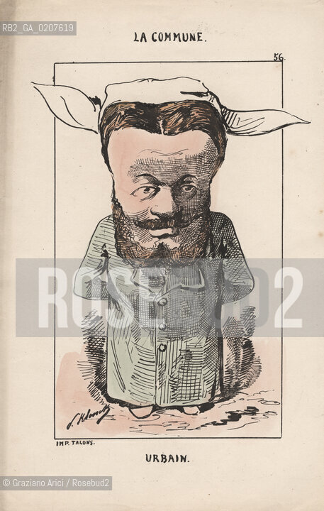-KLENCK, PAUL. COLLEZIONE DI SESSANTA CARICATURE LA COMMUNE URBAIN (56), PARIGI, SENZA INDICAZIONE DI EDITORE E DATA DI PUBBLICAZIONE, STAMPA COLORATA A MANO, CM 18X27,3 ©ARCHIVIO Graziano Arici/Rosebud2  COMUNE DI PARIGI FOTOANTICHE.-KLENCK, PAUL.  COLLECTION OF SIXTY CARICATURES LA COMMUNE URBAIN (56), PARIS, WITHOUT EDITEURS INDICATION AND DATE OF PUBBLICATION, HAND COLORED PRINT,  CM 18X27,3  ©Graziano Arici / rosebud2