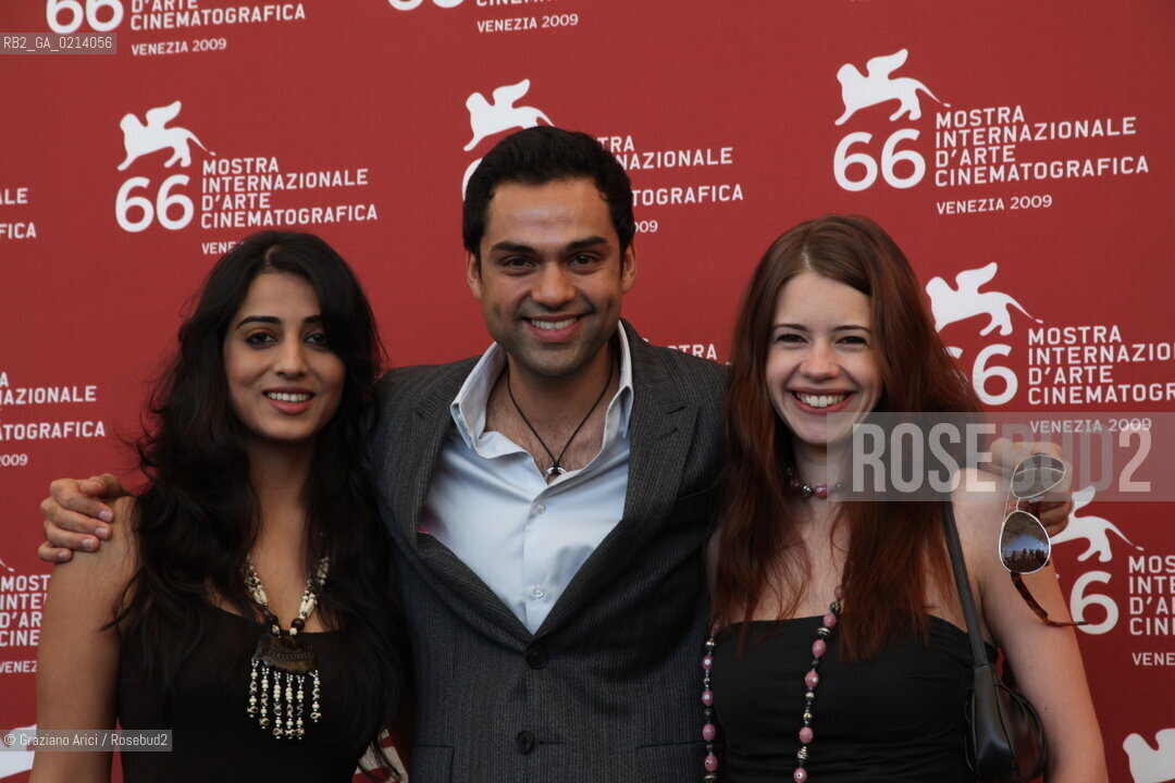 Italy, Venice - September 06th, 2009.66th VENICE INTERNATIONAL FILM FESTIVAL - FILM: DEV.D - THE ACTOR ABHAY DEOL WITH THE ACTRESSES MAHI GILL (left) AND KALKI KOECHLIN.