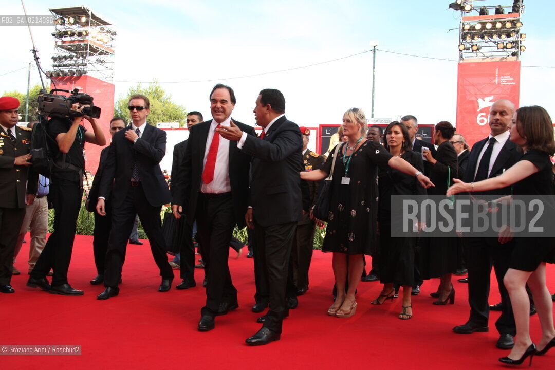 Italy, Venice - September 06th, 2009.66th VENICE INTERNATIONAL FILM FESTIVAL - RED CARPET FILM: SOUTH OF THE BORDER. THE DIRECTOR OLIVER STONE WITH THE VENEZUELAS PRESIDENT UGO CHAVEZ