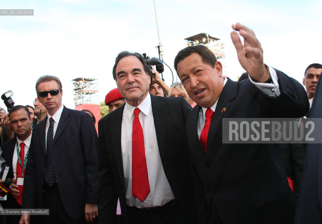 Italy, Venice - September 06th, 2009.66th VENICE INTERNATIONAL FILM FESTIVAL - RED CARPET FILM: SOUTH OF THE BORDER. THE DIRECTOR OLIVER STONE WITH THE VENEZUELAS PRESIDENT UGO CHAVEZ