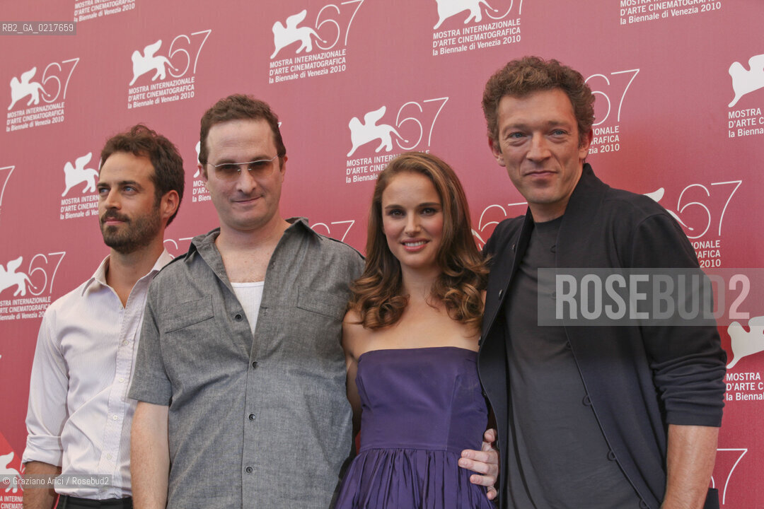 67th Venice International Film Festival - Venice September 1, 2010 - Film Black Swan - Actress Natalie Portman with actor Vincent Cassel (right) and the director Darren Aronofsky, left the actor Benjamin Millepied