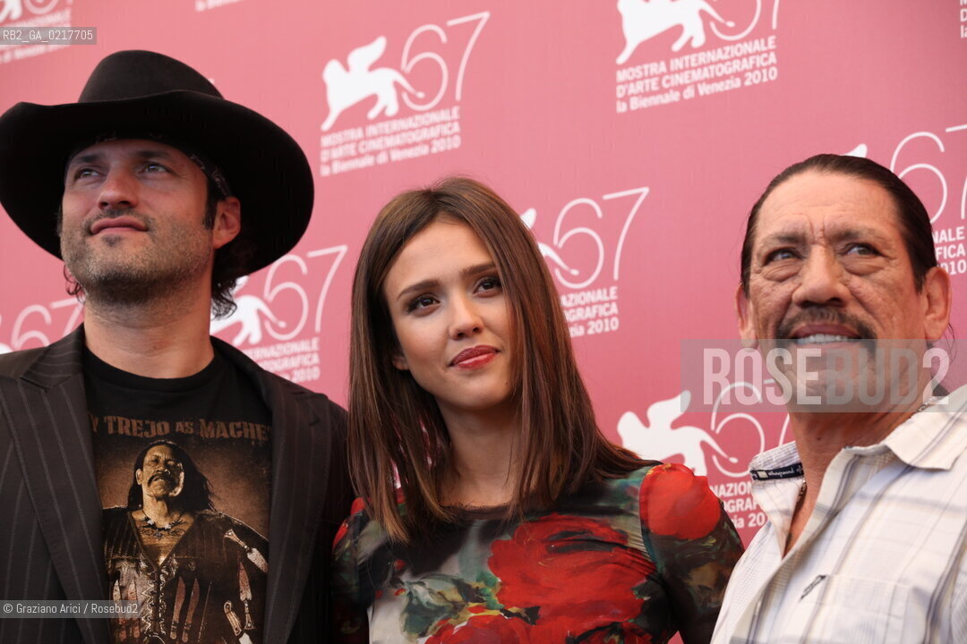 67th Venice International Film Festival - Venice September 1, 2010 - Film Machete - The director Robert Rodriguez (left) with the actress Jessica Alba and the actor Danny Trejo..