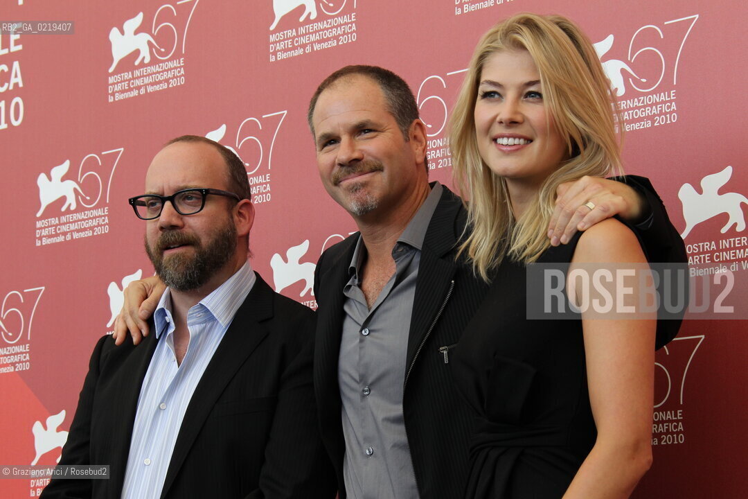 67th Venice International Film Festival - Venice September 10, 2010 - Photocall of the film Barneys Version - The director Richard J. Lewis (right), actor Paul Giamatti, actress Rosamund Pike