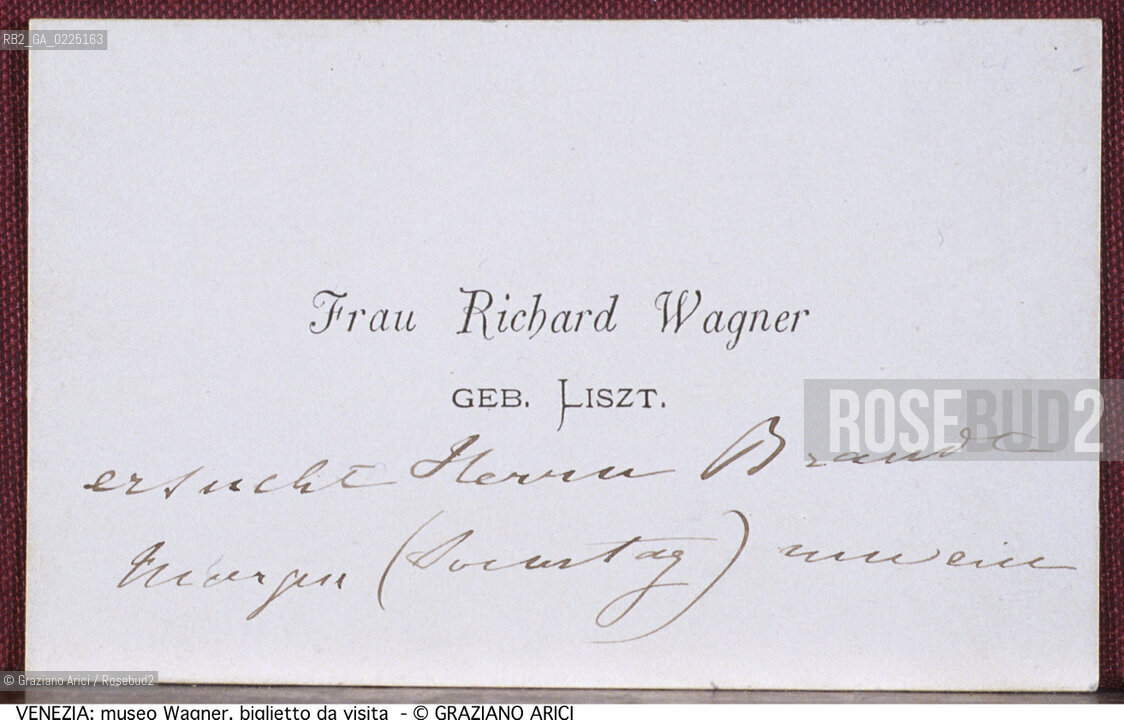 Localizzazione:..VENEZIA / CANNAREGIO..Oggetto:..Soggetto:..CA VENDRAMIN CALERGI / MUSEO RICHARD WAGNER / BIGLIETTO DA VISITA AUTOGRAFO..Cronologia: ....Definizione Culturale:..   Autore: ....   Stile:....   Editori/Stampatori:..   Committenza:..Materia e Tecnica:..Collocazione:..Note:..MONUMENTALE..Riproduzione Fotografica:..Graziano Arici/Rosebud2 .Copyright:..Graziano Arici/Rosebud2 .Data:..1990..La cessione dei diritti di questa immagine si intende per quanto di nostra competenza. Non comprende invece le eventuali spese  relative a diritti che potranno essere richiesti dagli Enti o persone fisiche cui appartengono eventualmente i soggetti  ripresi. Tali costi, ove necessari, e l’espletamento di qualsivoglia pratica di richiesta di concessione del permesso di pubblicazione sono esclusivamente a carico e a cura del soggetto acquirente di questa immagine.