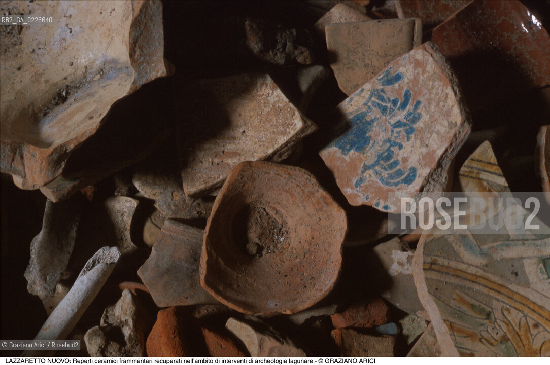 Caption: Nome:..ISOLA DEL LAZZARETTO NUOVO....Localizzazione:..VENEZIA / ISOLA DEL LAZZARETTO NUOVO / LAGUNA NORD..VENICE / THE ISLE OF LAZZARETTO NUOVO / THE NORTH LAGOON..Soggetto:..ISOLA DEL LAZZARETTO NUOVO / TESON GRANDO..Reperti ceramici frammentari recuperati nell’ambito di interventi di archeologia lagunare...Cronologia:......Autore:.. ....Stile:......Editori Stampatori:......Committenza:......Materia e Tecnica:......Collocazione:......Note:..NEL XV SEC. DIVENTA LAZZARETTO PER LESPURGO DELLE MERCI E SUCCESSIVAMENTE DELLE PERSONE SOSPETTE DI CONTAGIO. DOPO LA PESTILENZA DEL XVI SEC. VIENE ABBANDONATA E NEL 1800 DIVENTA ZONA MILITARE ..THE ISLAND BECAME A QUARANTINE STATION IN XVth CENTURY, FIRST FOR GOODS AND LATER FOR INDIVIDUALS SUSPECTED OF BEING INFECTED. AFTER THE PLAGUES OF THE XVIth CENTURY, THE ISLAND WAS ABANDONED AND IT BECAME A MILITARY POST IN 1800 ..Riproduzione Fotografica:..Graziano Arici/Rosebud2 ...Copyright:..Graziano Arici / rosebud2/....Data:..1999....Costo:..A....Key:..ISOLE ABBANDONATE..UNINHABITED ISLANDS