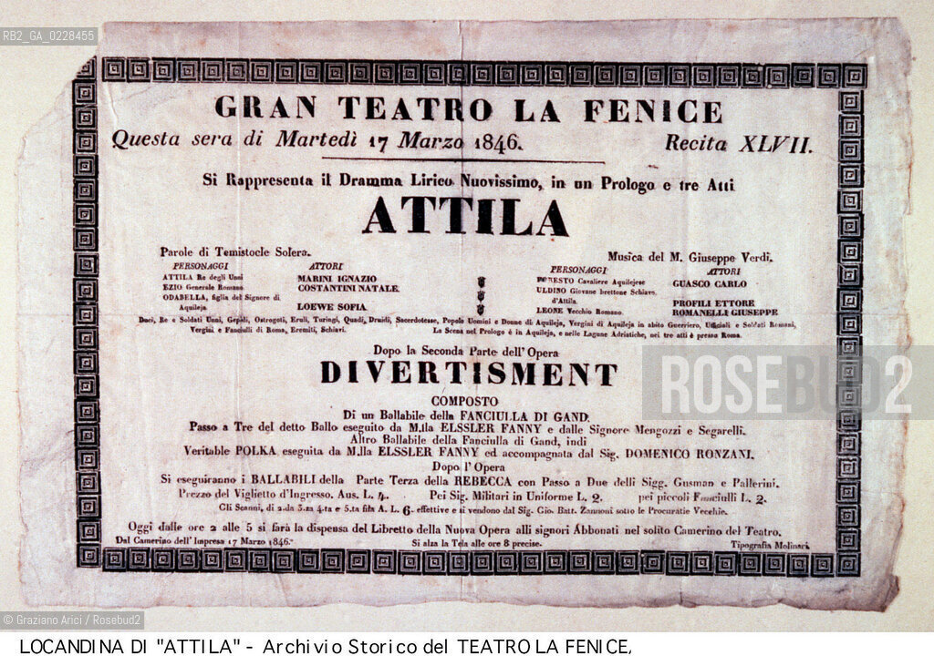 Nome: ..ATTILA..Descrizione: ..LOCANDINA DELL OPERA ATTILA DI GIUSEPPE VERDI RAPPRESENTATA IN PRIMA ASSOLUTA IL 17/03/1846..Credit:..ARCHIVIO STORICO DEL TEATRO LA FENICE/..Costo: ..A..Nazione: ..ITALIA..Città:..VENEZIA..Data: ..1987....La cessione dei diritti di questa immagine si intende per quanto di nostra competenza. Non comprende invece le eventuali spese  relative a diritti che potranno essere richiesti dagli Enti o persone fisiche cui appartengono eventualmente i soggetti  ripresi. Tali costi, ove necessari, e l’espletamento di qualsivoglia pratica di richiesta di concessione del permesso di pubblicazione sono esclusivamente a carico e a cura del soggetto acquirente di questa immagine.