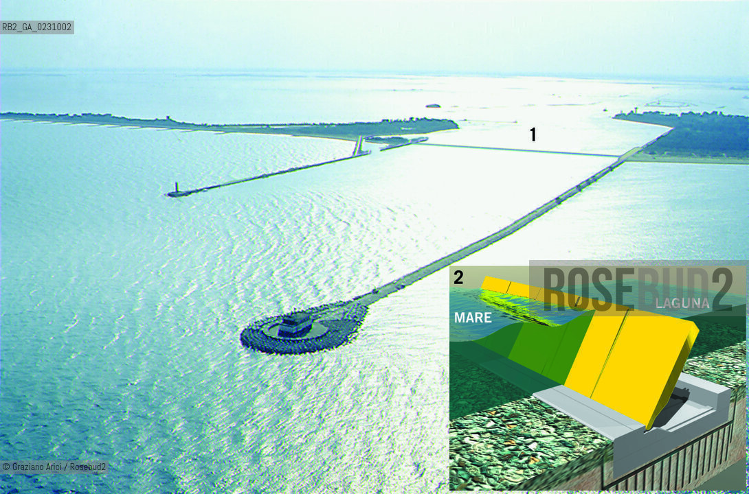 DEFENCE AGAINST HIGH WATERS:..MOBILE FLOOD BARRIERS AT THE INLETS..The floodgates were designed to withstand a 2 m difference..between the sea level and lagoon level. The system can therefore..provide effective protection from all high waters, including extreme..events, and also accounts for a wide range of scenarios of sea level rise during the next century...Malamocco. Simulation of the inlet with the floodgates..in operation Detail of the floodgates in operation:..This image may be reproduced quoting the source:..© 1999 Consorzio Venezia Nuova..1 Barrier of gates in operation 2 Gates in operation (detail)..©Graziano Arici/Rosebud2 / ALTA MAREA / PARATIE MOBILI
