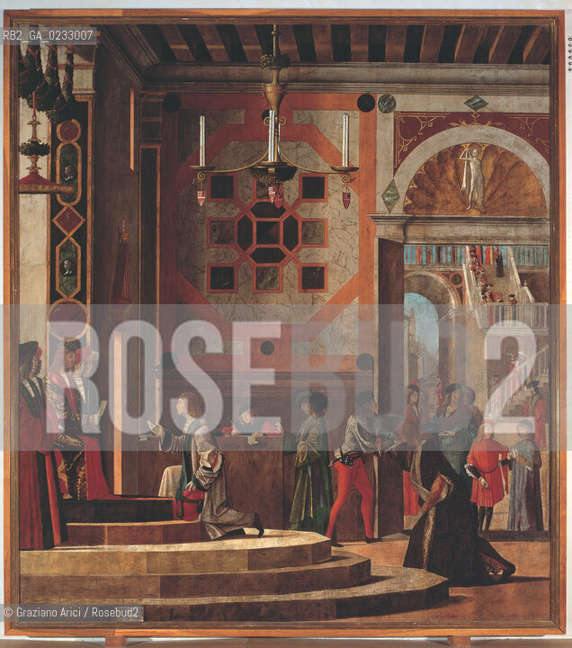 VITTORE CARPACCIO - Storie di santOrsola, Commiato degli ambasciatori, Olio su tela, 250 x 253 cm, Venezia, Gallerie dellAccademiA. Archivio Graziano Arici - Mostra Carpaccio, pittore di storie GALLERIE ALLACCADEMIA 27 NOVEMBRE 2004/23 MARZO 2005 La cessione dei diritti si intende per quanto di nostra competenza; non comprende invece le eventuali spese relative a diritti che potranno essere richiesti dagli Enti o Persone a cui appartengono le opere riprese. Tali costi, ove neccessari, e lÕespletamento di qualsivoglia pratica di richiesta di permessi e autorizzazioni sono esclusivamente  a  carico del committente.