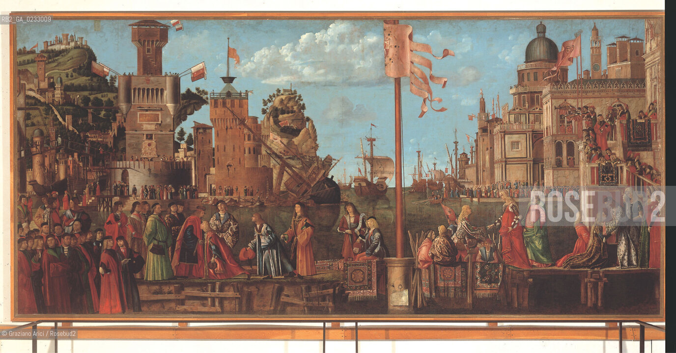 VITTORE CARPACCIO - Storie di santOrsola, Incontro e partenza dei fidanzati, Olio su tela, 280 x 611 cm    .Venezia, Gallerie dellAccademia. Archivio Graziano Arici - Mostra Carpaccio, pittore di storie GALLERIE ALLACCADEMIA 27 NOVEMBRE 2004/23 MARZO 2005 La cessione dei diritti si intende per quanto di nostra competenza; non comprende invece le eventuali spese relative a diritti che potranno essere richiesti dagli Enti o Persone a cui appartengono le opere riprese. Tali costi, ove neccessari, e lÕespletamento di qualsivoglia pratica di richiesta di permessi e autorizzazioni sono esclusivamente  a  carico del committente.