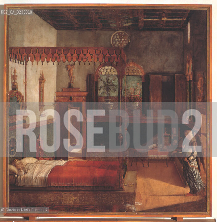 VITTORE CARPACCIO - Storie di santOrsola, Sogno di santOrsola, Olio su tela, 274 x 267 cm, .Venezia, Gallerie dellAccademia. Archivio Graziano Arici - Mostra Carpaccio, pittore di storie GALLERIE ALLACCADEMIA 27 NOVEMBRE 2004/23 MARZO 2005 La cessione dei diritti si intende per quanto di nostra competenza; non comprende invece le eventuali spese relative a diritti che potranno essere richiesti dagli Enti o Persone a cui appartengono le opere riprese. Tali costi, ove neccessari, e lÕespletamento di qualsivoglia pratica di richiesta di permessi e autorizzazioni sono esclusivamente  a  carico del committente.