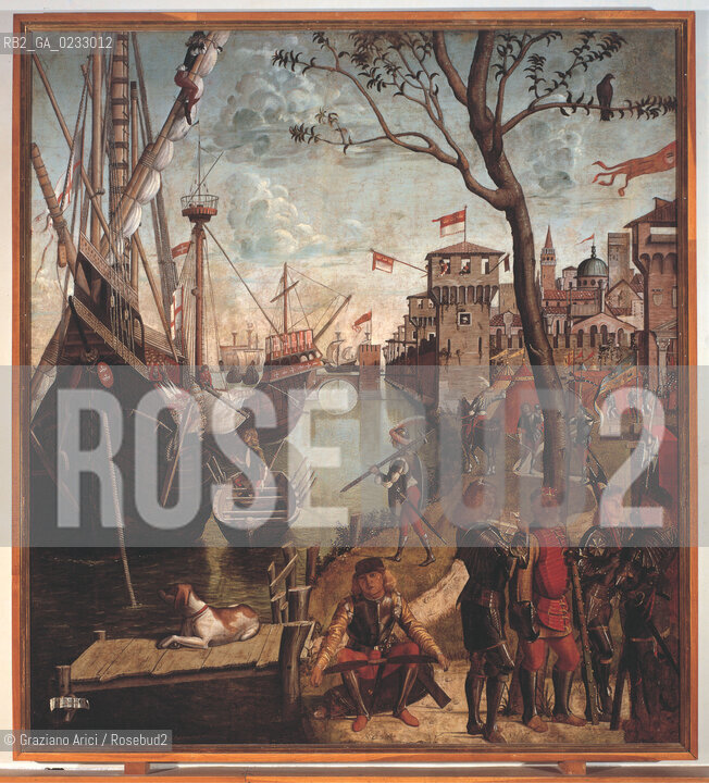 VITTORE CARPACCIO - Storie di santOrsola, Arrivo a Colonia, Olio su tela, 280 x 255 cm .Venezia, Gallerie dellAccademia. Archivio Graziano Arici - Mostra Carpaccio, pittore di storie GALLERIE ALLACCADEMIA 27 NOVEMBRE 2004/23 MARZO 2005 La cessione dei diritti si intende per quanto di nostra competenza; non comprende invece le eventuali spese relative a diritti che potranno essere richiesti dagli Enti o Persone a cui appartengono le opere riprese. Tali costi, ove neccessari, e lÕespletamento di qualsivoglia pratica di richiesta di permessi e autorizzazioni sono esclusivamente  a  carico del committente.