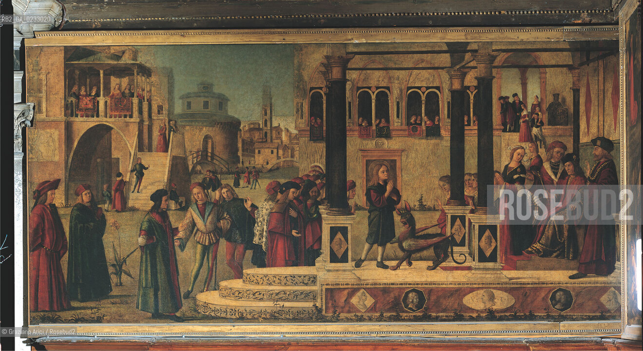VITTORE CARPACCIO - Storie di san Trifone, San Trifone che esorcizza la figlia dellimperatore Gordiano, Olio su tela, 141 x 300 cm.Venezia, Scuola di San Giorgio degli Schiavoni. Archivio Graziano Arici - Mostra Carpaccio, pittore di storie GALLERIE ALLACCADEMIA 27 NOVEMBRE 2004/23 MARZO 2005 La cessione dei diritti si intende per quanto di nostra competenza; non comprende invece le eventuali spese relative a diritti che potranno essere richiesti dagli Enti o Persone a cui appartengono le opere riprese. Tali costi, ove neccessari, e lÕespletamento di qualsivoglia pratica di richiesta di permessi e autorizzazioni sono esclusivamente  a  carico del committente.