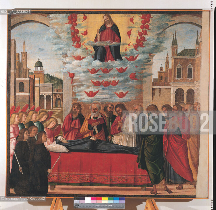 VITTORE CARPACCIO - Storie della Vergine, Morte della Vergine, Olio su tela, 128 x 133 cm.Venezia, Galleria Giorgio Fianchetti alla Cà dOro. Archivio Graziano Arici - Mostra Carpaccio, pittore di storie GALLERIE ALLACCADEMIA 27 NOVEMBRE 2004/23 MARZO 2005 La cessione dei diritti si intende per quanto di nostra competenza; non comprende invece le eventuali spese relative a diritti che potranno essere richiesti dagli Enti o Persone a cui appartengono le opere riprese. Tali costi, ove neccessari, e lÕespletamento di qualsivoglia pratica di richiesta di permessi e autorizzazioni sono esclusivamente  a  carico del committente.