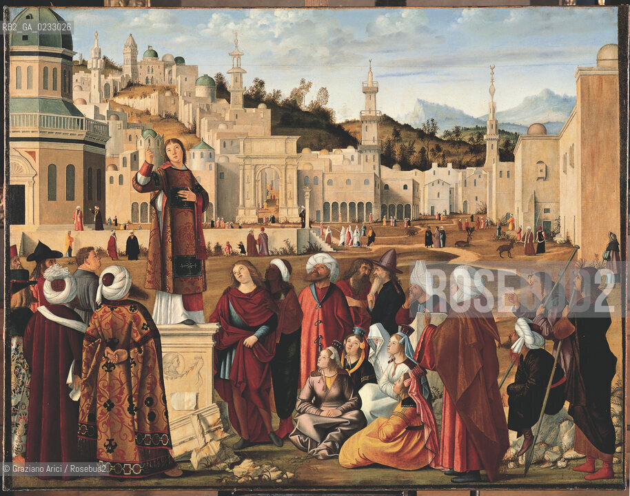 VITTORE CARPACCIO - Storie di santo Stefano, Predica di santo Stefano, Olio su tela, 148 x 194 cm.Parigi, MusŽe du Louvre. Archivio Graziano Arici - Mostra Carpaccio, pittore di storie GALLERIE ALLACCADEMIA 27 NOVEMBRE 2004/23 MARZO 2005 La cessione dei diritti si intende per quanto di nostra competenza; non comprende invece le eventuali spese relative a diritti che potranno essere richiesti dagli Enti o Persone a cui appartengono le opere riprese. Tali costi, ove neccessari, e lÕespletamento di qualsivoglia pratica di richiesta di permessi e autorizzazioni sono esclusivamente  a  carico del committente.