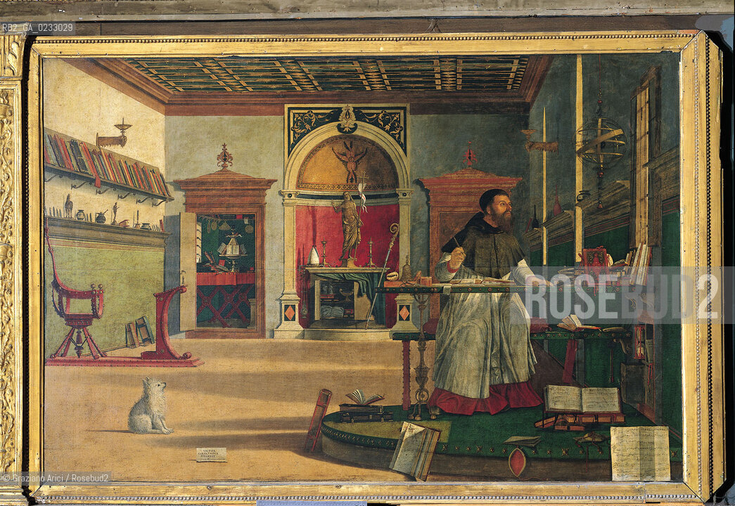 VITTORE CARPACCIO - Storie di san Girolamo, SantAgostino nello studio, Olio su tela, 141 x 210 cm.Venezia, Scuola di San Giorgio degli Schiavoni. Archivio Graziano Arici - Mostra Carpaccio, pittore di storie GALLERIE ALLACCADEMIA 27 NOVEMBRE 2004/23 MARZO 2005 La cessione dei diritti si intende per quanto di nostra competenza; non comprende invece le eventuali spese relative a diritti che potranno essere richiesti dagli Enti o Persone a cui appartengono le opere riprese. Tali costi, ove neccessari, e lÕespletamento di qualsivoglia pratica di richiesta di permessi e autorizzazioni sono esclusivamente  a  carico del committente.