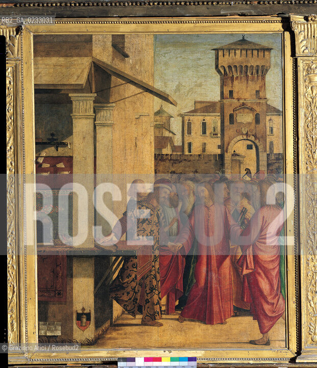 VITTORE CARPACCIO - Storie evangeliche, Vocazione di Matteo, olio su tela, 141 x 115 cm.Venezia, Scuola di San Giorgio degli Schiavoni. Archivio Graziano Arici - Mostra Carpaccio, pittore di storie GALLERIE ALLACCADEMIA 27 NOVEMBRE 2004/23 MARZO 2005 La cessione dei diritti si intende per quanto di nostra competenza; non comprende invece le eventuali spese relative a diritti che potranno essere richiesti dagli Enti o Persone a cui appartengono le opere riprese. Tali costi, ove neccessari, e lÕespletamento di qualsivoglia pratica di richiesta di permessi e autorizzazioni sono esclusivamente  a  carico del committente.