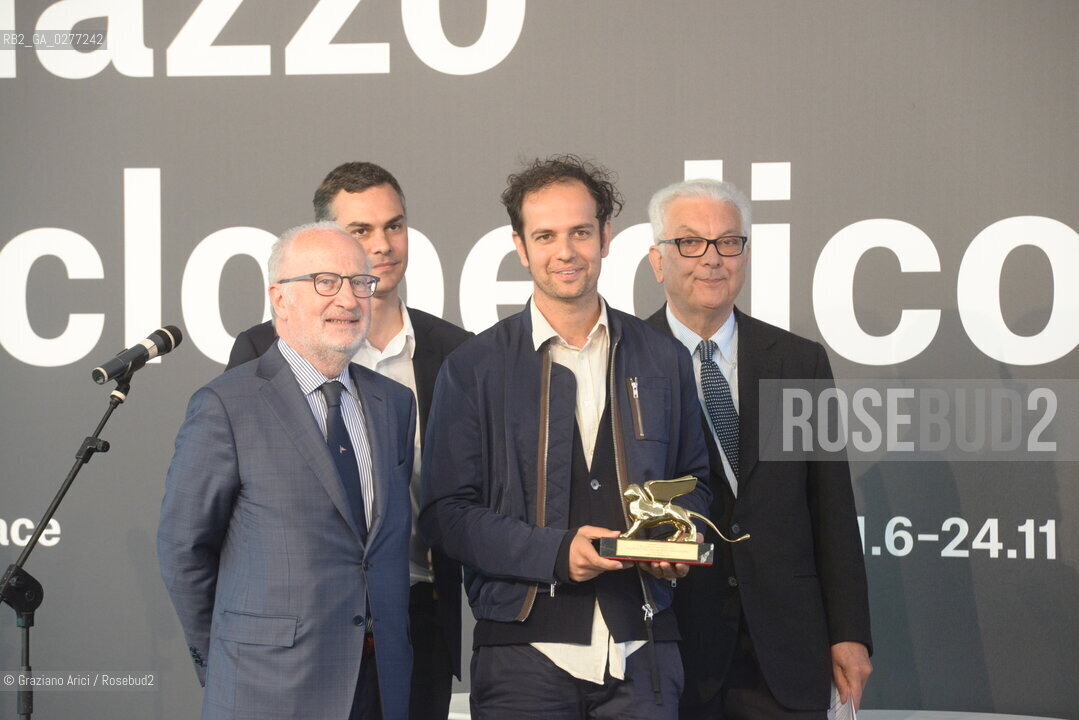 Venice 28 may 2013 - Il Palazzo Enciclopedico 55th Exhibition Biennale Gardens the curator Massimiliano Gioni the Mayor Giorgio Orsoni and the President Paolo Baratta give the Golden Lion for the Best Artist to Tino Sehgal  - artist arte ©Graziano Arici/Rosebud2