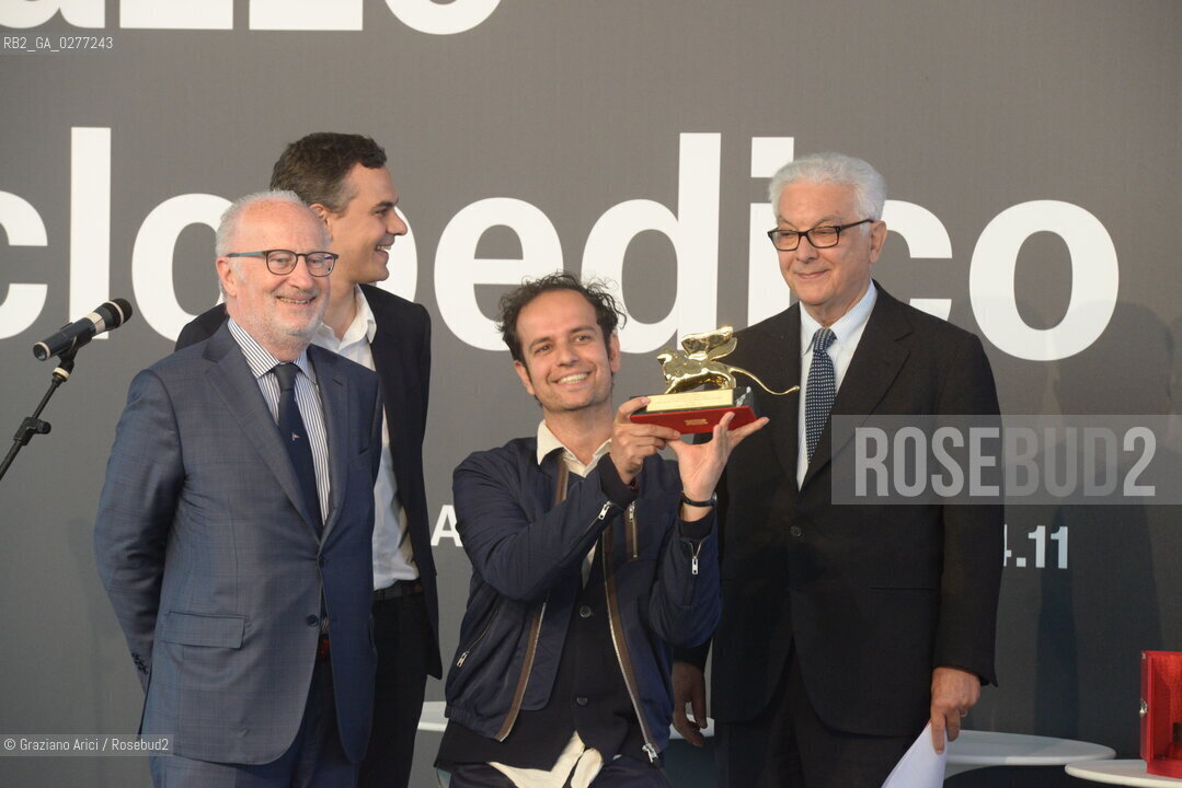 Venice 28 may 2013 - Il Palazzo Enciclopedico 55th Exhibition Biennale Gardens the curator Massimiliano Gioni the Mayor Giorgio Orsoni and the President Paolo Baratta give the Golden Lion for the Best Artist to Tino Sehgal  - artist arte ©Graziano Arici/Rosebud2