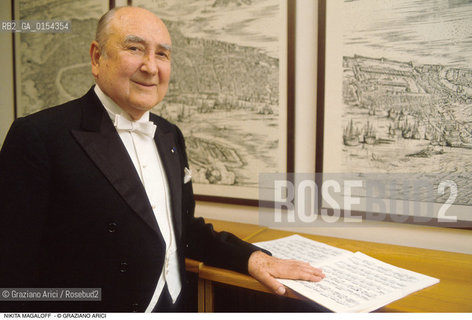 Venezia,1992.Ritratto del pianista Nikita Magaloff.Musica pianista pianoforte ritratto spartito .Venice,1992.Portrait of the pianist Nikita Magaloff ©Graziano Arici/Rosebud2