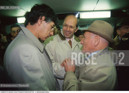 Venezia,1993.Il politico leader e fondatore della Lega Nord Umberto Bossi con il fondatore e ideologo della Liga Veneta Franco Rocchetta. Politica politico Lega Nord ritratto federalismo Liga Veneta.Venice,1993.The politician Umberto Bossi, leader of the Lega Nord Party with the politician and ideologist of Liga Veneta Franco Rocchetta ©Graziano Arici/Rosebud2