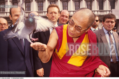 -Venezia,1996. Ritratto del Dalai Lama Tenzin Gyatso a Venezia in Piazza San Marco. Politica religione buddismo capo spirituale leader Tibet ritratto visita piccione uccello colombo.-Venice,1996. Official visit of the Dalai Lama,Tenzin Gyatso,in Venice: the buddhist leader in Saint Marks square with a pigeon.©Graziano Arici/Rosebud2