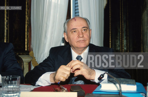 Venezia,1990. Ritratto dellex presidente URSS e Premio Nobel per la pace Michail Gorbaciov in visita a Venezia. Politica Urss Premio Nobel presidente ritratto.Venice,1990. Portrait of the Politician and Nobel Peace Prize Michail Gorbaciov during the visit in Venice ©Graziano Arici/Rosebud2