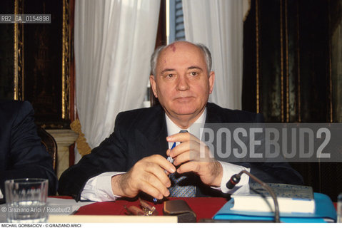 Venezia,1990. Ritratto dellex presidente URSS e Premio Nobel per la pace Michail Gorbaciov in visita a Venezia. Politica Urss Premio Nobel presidente ritratto.Venice,1990. Portrait of the Politician and Nobel Peace Prize Michail Gorbaciov during the visit in Venice ©Graziano Arici/Rosebud2