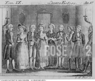 -STAMPA PER LA COMMEDIA LAVARO FASTOSO (1772)DI CARLO GOLDONI DALLEDIZIONE DELLE OPERE PUBBLICATA NEL 1788 DA ANTONIO ZATTA. COMMEDIA COMMEDIOGRAFO STAMPA EDIZIONE.-PRINT FOR COMEDY LAVARO FASTOSO  (1772)BY CARLO GOLDONI  FROM WORKS EDITION PUBLISHED BY ANTONIO ZATTA IN 1788 .- ARCHIVIO ©Graziano Arici/Rosebud2 La cessione dei diritti di questa immagine si intende per quanto di nostra competenza. Non comprende invece le eventuali spese  relative a diritti che potranno essere richiesti dagli Enti o persone fisiche cui appartengono eventualmente i soggetti  ripresi. Tali costi, ove necessari, e l’espletamento di qualsivoglia pratica di richiesta di concessione del permesso di pubblicazione sono esclusivamente a carico e a cura del soggetto acquirente di questa immagine.