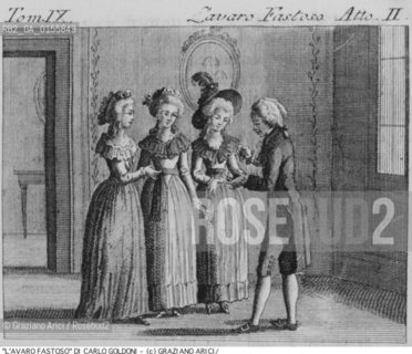 -STAMPA PER LA COMMEDIA LAVARO FASTOSO (1772)DI CARLO GOLDONI DALLEDIZIONE DELLE OPERE PUBBLICATA NEL 1788 DA ANTONIO ZATTA. COMMEDIA COMMEDIOGRAFO STAMPA EDIZIONE.-PRINT FOR COMEDY LAVARO FASTOSO  (1772)BY CARLO GOLDONI  FROM WORKS EDITION PUBLISHED BY ANTONIO ZATTA IN 1788 .- ARCHIVIO ©Graziano Arici/Rosebud2 La cessione dei diritti di questa immagine si intende per quanto di nostra competenza. Non comprende invece le eventuali spese  relative a diritti che potranno essere richiesti dagli Enti o persone fisiche cui appartengono eventualmente i soggetti  ripresi. Tali costi, ove necessari, e l’espletamento di qualsivoglia pratica di richiesta di concessione del permesso di pubblicazione sono esclusivamente a carico e a cura del soggetto acquirente di questa immagine.