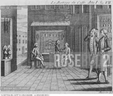 -STAMPA PER LA COMMEDIA LA BOTTEGA DEL CAFFÉ (1750-51) DI CARLO GOLDONI DALLEDIZIONE DELLE OPERE PUBBLICATA NEL 1788 DA ANTONIO ZATTA COMMEDIA COMMEDIOGRAFO EDIZIONE STAMPA.-PRINT FOR COMEDY LA BOTTEGA DEL CAFFÉ (1750-51)BY CARLO GOLDONI FROM WORKS EDITION PUBLISHED BY ANTONIO ZATTA IN 1788 - ARCHIVIO ©Graziano Arici/Rosebud2 .La cessione dei diritti di questa immagine si intende per quanto di nostra competenza. Non comprende invece le eventuali spese  relative a diritti che potranno essere richiesti dagli Enti o persone fisiche cui appartengono eventualmente i soggetti  ripresi. Tali costi, ove necessari, e l’espletamento di qualsivoglia pratica di richiesta di concessione del permesso di pubblicazione sono esclusivamente a carico e a cura del soggetto acquirente di questa immagine.