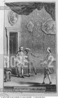 -STAMPA PER LA COMMEDIA IL SERVITORE DI DUE PADRONI (1745) DEL COMMEDIOGRAFO CARLO GOLDONI DALLEDIZIONE DELLE OPERE PUBBLICATA NEL 1761 DA GIAMBATTISTA PASQUALI. COMMEDIA COMMEDIOGRAFO EDIZIONE STAMPA.-PRINT FOR COMEDY IL SERVITORE DI DUE PADRONI (1745) FROM WORKS EDITION PUBLISHED BY GIAMBATTISTA PASQUALI IN 1761 .-ARCHIVIO ©Graziano Arici/Rosebud2 .La cessione dei diritti di questa immagine si intende per quanto di nostra competenza. Non comprende invece le eventuali spese  relative a diritti che potranno essere richiesti dagli Enti o persone fisiche cui appartengono eventualmente i soggetti  ripresi. Tali costi, ove necessari, e l’espletamento di qualsivoglia pratica di richiesta di concessione del permesso di pubblicazione sono esclusivamente a carico e a cura del soggetto acquirente di questa immagine.