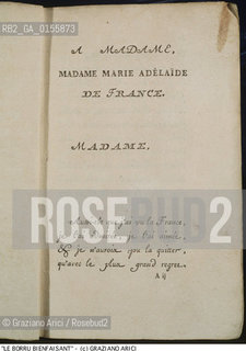 - LA COMMEDIA LE BORRU BIENFAISANT (1771) DI CARLO GOLDONI CON DEDICA A MADAME MARIA ADELAIDE DI FRANCIA COMMEDIA TEATRO LIBRO .-COMEDY LE BORRU BIENFAISANT (1771) BY CARLO GOLDONI WITH THE DEDICATION TO MADAME MARIA ADELAIDE OF FRANCE Città:.VENEZIA.-ARCHIVIO ©Graziano Arici/Rosebud2 .La cessione dei diritti di questa immagine si intende per quanto di nostra competenza. Non comprende invece le eventuali spese  relative a diritti che potranno essere richiesti dagli Enti o persone fisiche cui appartengono eventualmente i soggetti  ripresi. Tali costi, ove necessari, e l’espletamento di qualsivoglia pratica di richiesta di concessione del permesso di pubblicazione sono esclusivamente a carico e a cura del soggetto acquirente di questa immagine.