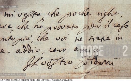 - LA FIRMA DEL COMMEDIOGRAFO CARLO GOLDONI SU DI UNA LETTERA.- THE SIGNATURE BY CARLO GOLDONI,PLAYWRIGHT,ON A LETTER.-ARCHIVIO ©Graziano Arici/Rosebud2 .La cessione dei diritti di questa immagine si intende per quanto di nostra competenza. Non comprende invece le eventuali spese  relative a diritti che potranno essere richiesti dagli Enti o persone fisiche cui appartengono eventualmente i soggetti  ripresi. Tali costi, ove necessari, e l’espletamento di qualsivoglia pratica di richiesta di concessione del permesso di pubblicazione sono esclusivamente a carico e a cura del soggetto acquirente di questa immagine.