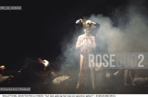 -Venezia,1985.Gran Teatro la Fenice. Balletto AUF DEM GEBIRGE HAT MAN EIN GESCHREI GEHORT (DALLA MONTAGNA SI E SENTITO UN GRIDO),coreografia di Pina Bausch, corpo di ballo Tanztheater Wuppertal.Tanztheater Wuppertal Pina Bausch Danza balletto coreografia .-Venice,1985. Gran Teatro la Fenice. Dance ballet AUF DEM GEBIRGE HAT MAN EIN GESCHREI GEHORT, choreographed by Pina Bausch, Tanztheater Wuppertal dancers chorus ©Graziano Arici/Rosebud2 .La cessione dei diritti di questa immagine si intende per quanto di nostra competenza. Non comprende invece le eventuali spese  relative a diritti che potranno essere richiesti dagli Enti o persone fisiche cui appartengono eventualmente i soggetti  ripresi. Tali costi, ove necessari, e l’espletamento di qualsivoglia pratica di richiesta di concessione del permesso di pubblicazione sono esclusivamente a carico e a cura del soggetto acquirente di questa immagine.