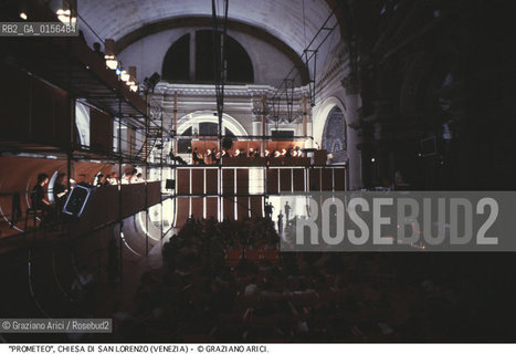 -Venezia,1984.Chiesa di San Lorenzo. Opera del compositore contemporaneo Luigi Nono, Prometeo - Tragedia dellascolto prova generale, testo di Massimo Cacciari, struttura scenica dellarchitetto Renzo Piano, luci del pittore Emilio Vedova.Il compositore Luigi Nono durante le prove. musica compositore opera Prometeo contemporanea elettronica filosofia architettura pittura ritratto.-Venice,1984. Work  Prometeo - Tragedia dellascolto directed by contemporary composer Luigi Nono,text by the philosopher Massimo Cacciari,scenography by the architect Renzo Piano,stage lighting by the painter Emilio Vedova. Portrait of the composer Luigi Nono ©Graziano Arici/Rosebud2