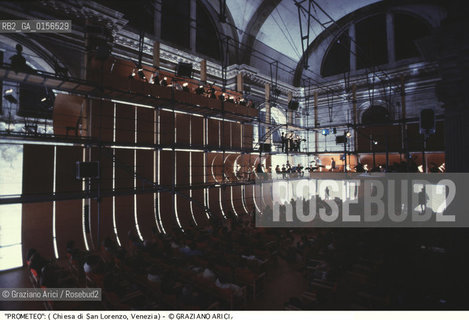 -Venezia,1984.Chiesa di San Lorenzo. Opera del compositore contemporaneo Luigi Nono, Prometeo - Tragedia dellascolto prova generale, testo di Massimo Cacciari, struttura scenica dellarchitetto Renzo Piano, luci del pittore Emilio Vedova.Il compositore Luigi Nono durante le prove. musica compositore opera Prometeo contemporanea elettronica filosofia architettura pittura ritratto.-Venice,1984. Work  Prometeo - Tragedia dellascolto directed by contemporary composer Luigi Nono,text by the philosopher Massimo Cacciari,scenography by the architect Renzo Piano,stage lighting by the painter Emilio Vedova. Portrait of the composer Luigi Nono ©Graziano Arici/Rosebud2