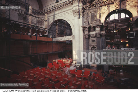 -Venezia,1984.Chiesa di San Lorenzo. Opera del compositore contemporaneo Luigi Nono, Prometeo - Tragedia dellascolto prova generale, testo di Massimo Cacciari, struttura scenica dellarchitetto Renzo Piano, luci del pittore Emilio Vedova.Il compositore Luigi Nono durante le prove. musica compositore opera Prometeo contemporanea elettronica filosofia architettura pittura ritratto.-Venice,1984. Work  Prometeo - Tragedia dellascolto directed by contemporary composer Luigi Nono,text by the philosopher Massimo Cacciari,scenography by the architect Renzo Piano,stage lighting by the painter Emilio Vedova. Portrait of the composer Luigi Nono ©Graziano Arici/Rosebud2