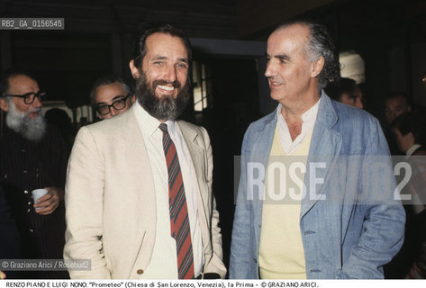-Venezia,1984.Chiesa di San Lorenzo. Prima dell Opera del compositore contemporaneo Luigi Nono, Prometeo - Tragedia dellascolto prova generale, testo di Massimo Cacciari, struttura scenica dellarchitetto Renzo Piano, luci del pittore Emilio Vedova.Il compositore Luigi Nono durante le prove con larchitetto Renzo Piano. musica compositore opera Prometeo contemporanea elettronica filosofia architettura pittura ritratto.-Venice,1984. Opening of Work  Prometeo - Tragedia dellascolto directed by contemporary composer Luigi Nono,text by the philosopher Massimo Cacciari,scenography by the architect Renzo Piano,stage lighting by the painter Emilio Vedova. Portrait of the composer Luigi Nono  with the architect Renzo Piano ©Graziano Arici/Rosebud2