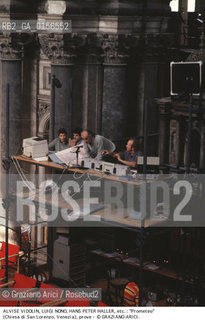 -Venezia,1984.Chiesa di San Lorenzo. Opera del compositore contemporaneo Luigi Nono, Prometeo - Tragedia dellascolto prova generale, testo di Massimo Cacciari, struttura scenica dellarchitetto Renzo Piano, luci del pittore Emilio Vedova.Il compositore Luigi Nono durante le prove. musica compositore opera Prometeo contemporanea elettronica filosofia architettura pittura ritratto.-Venice,1984. Work  Prometeo - Tragedia dellascolto directed by contemporary composer Luigi Nono,text by the philosopher Massimo Cacciari,scenography by the architect Renzo Piano,stage lighting by the painter Emilio Vedova. Portrait of the composer Luigi Nono ©Graziano Arici/Rosebud2