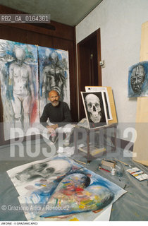 Nome: .DINE JIM.Descrizione: .ARTE PITTORE IN STUDIO CON CUORE E TESCHIO.Credit: ©Graziano Arici/Rosebud2 / Costo: .A.Nazione: .USA.Cittˆ: ..Data: .1988.