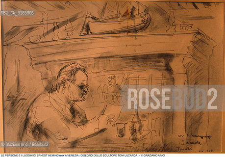 Caption: Nome: .ERNEST HEMINGWAY.Descrizione: .DISEGNO DELLO SCULTORE TONI LUCARDA DI E. H. ALLA LOCANDA CIPRIANI A TORCELLO.Credit: ©Graziano Arici/Rosebud2 .Nazione: ..Cittˆ: ..Data: .1991.