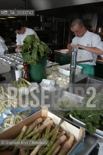 ( FRANCIA  )  MIDI-PYRENEES  ALTIPIANO DELLAUBRAC LAGUIOLE : RISTORANTE E ALBERGO DELLO CHEF MICHEL BRAS - PREPARAZIONE DEI PIATTI IN CUCINA  © 2003 Graziano Arici/Rosebud2 / GEO / GASTRONOMIA / CUOCO