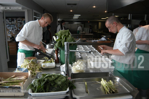( FRANCIA  )  MIDI-PYRENEES  ALTIPIANO DELLAUBRAC LAGUIOLE : RISTORANTE E ALBERGO DELLO CHEF MICHEL BRAS - PREPARAZIONE DEI PIATTI IN CUCINA  © 2003 Graziano Arici/Rosebud2 / GEO / GASTRONOMIA / CUOCO