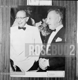 IL COMPOSITORE IGOR STRAVINSKIJ CON IL PIANISTA ARTHUR RUBINSTEIN AL TEATRO LA FENICE DI VENEZIA - 1958  © 1983 ARCHIVIO Graziano Arici/Rosebud2 / MUSICA CLASSICA /  La cessione dei diritti si intende per quanto di nostra competenza; non comprende invece le eventuali spese relative a diritti che potranno essere richiesti dagli Enti cui appartengono le opere riprese. Tali costi, ove neccessari, e lÕespletamento di qualsivoglia pratica di richiesta permessi sono esclusivamente  a  carico del committente. .