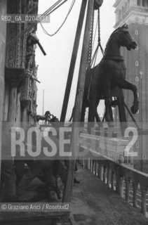 VENEZIA 1980 POSIZIONAMENTO DEL NUOVO CAVALLA NELLA BASILICA DI SAN MARCO © ARCHIVIO Graziano Arici/Rosebud2  CAVALLO FINTO PIAZZA SAN MARCO