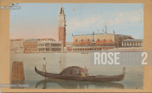 -VENEZIA, SENZA INDICAZIONE DAUTORE, BACINO DI S. MARCO, SENZA DATA. STAMPA ALLALBUMINA COLORATA A MANO INCOLLATA SU CARTONE, CM 10X6,2  ©ARCHIVIO Graziano Arici/Rosebud2  GONDOLA  FOTOANTICHE.-VENICE, NO AUTHOR S INDICATION, BASILICA DI S. MARCO, UNDATED. ALBUMEN PHOTOGRAPH  HAND COLOURED MOUNTED ON CARDBOARD, CM 10X6,2 ©Graziano Arici/Rosebud2 