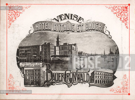 -VENEZIA, SENZA INDICAZIONE DAUTORE, HOTEL BAUER, SENZA DATA. STAMPA TIPOGRAFICA CONTENUTA ALLINTERNO DELLALBUM A SOFFIETTO SOUVENIR DU GRAND HOTEL DITALIE BAUER, VENISE BAUER-GRUNWALD 24 MAGGIO 1903 IN OMAGGIO PER I CLIENTI, CM 14,7X10,9  ©ARCHIVIO Graziano Arici/Rosebud2  FOTOANTICHE.-VENICE, NO AUTHORS INDICATION, HOTEL BAUER, UNDATED. TYPOGRAPHICAL PRINT, CM 14,7X10,9 ©Graziano Arici / rosebud2